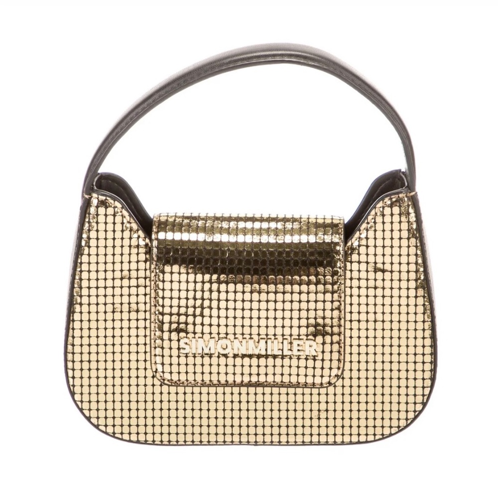 Simon Miller gold retro top handle mini bag with black leather finishes. EUC